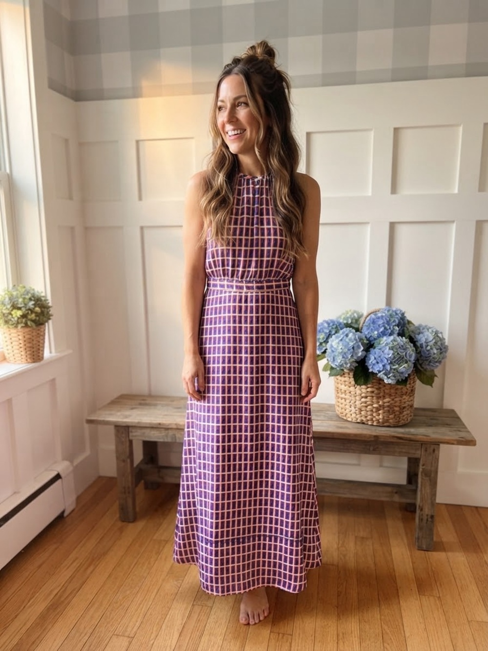 Issa London Silk Purple Check Grid Sleeveless Maxi Dress 10